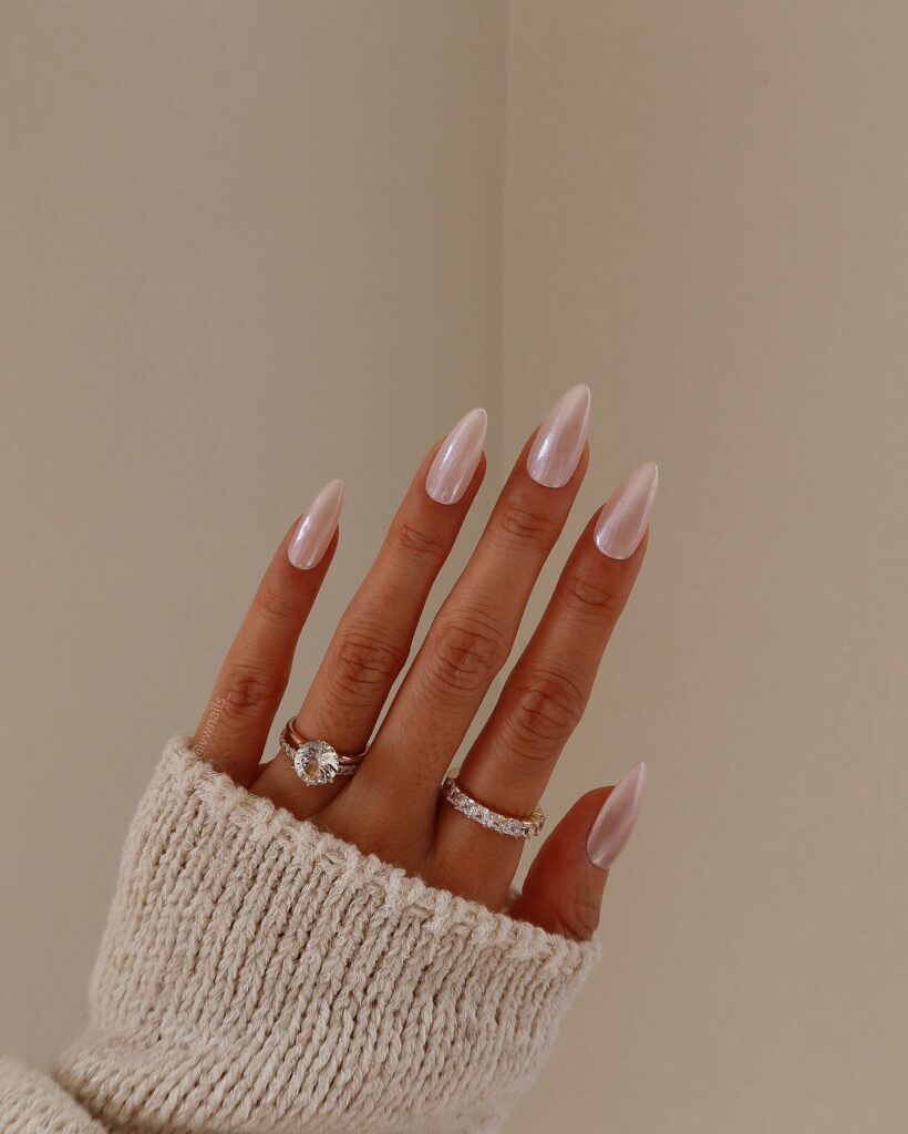 Rock 25 Chic White Almond Nail Designs in 2024 28 Chromatic Shine on White Almond Nails