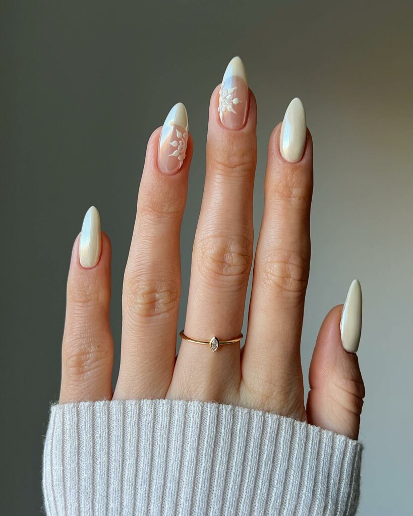 Feel Festive with 30 Christmas Almond Nail Ideas in 2024 17 Chrome Christmas Almond Nails with Snowflakes