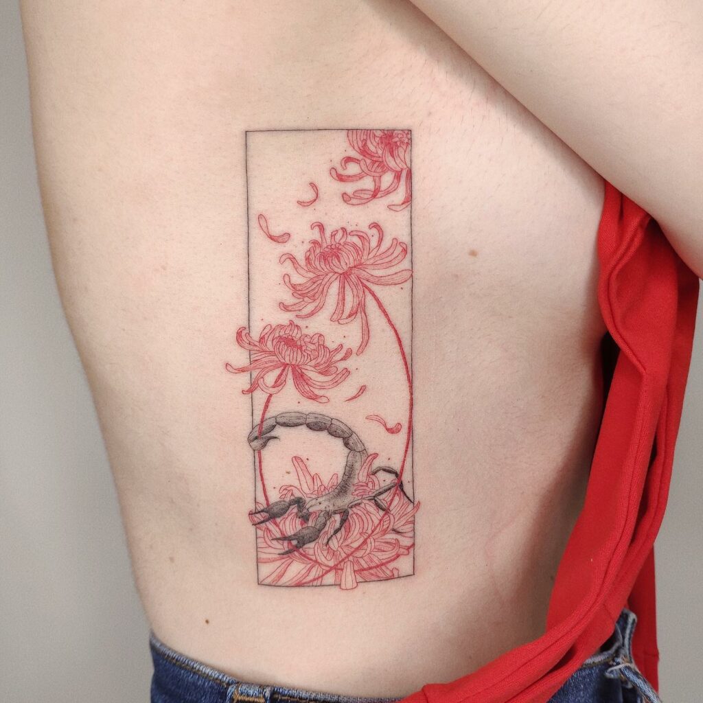 15+ Girly Scorpio Sign Tattoo Ideas That Will Blow Your Mind! 18 Chrysanthemum and Scorpion Tattoo