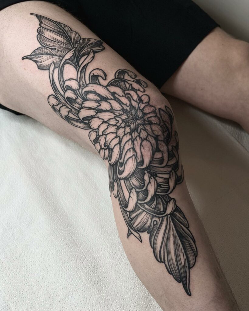 11+ Flower Thigh Tattoo Ideas That Will Blow Your Mind! 16 Chrysanthemums Thigh Tattoo Ideas