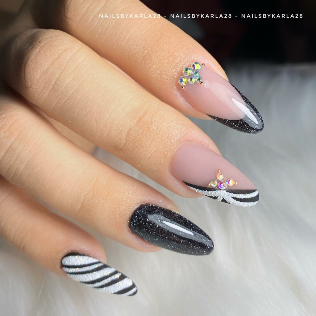 Keep it Classic with 20 Black and White Christmas Nails in 2024 28 Classic Almond Black and White Christmas Nails
