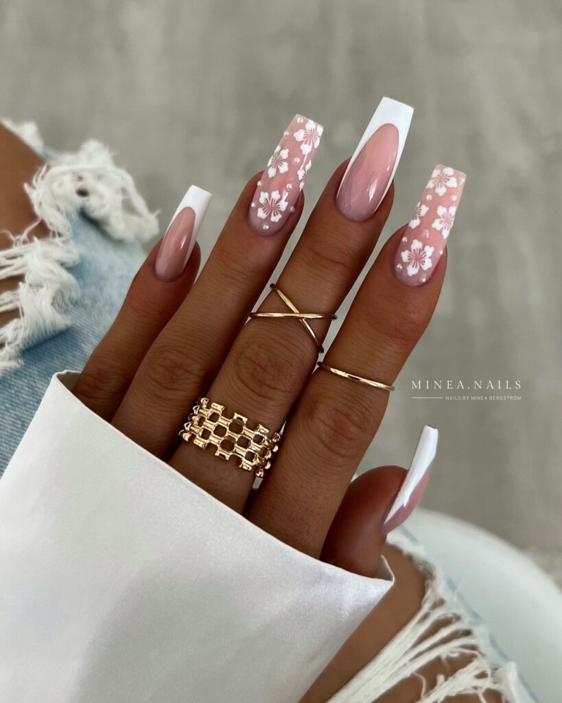30 Latest Long French Tip Nail Ideas To Try In 2024! 63 Classic French Long Nails with Florals
