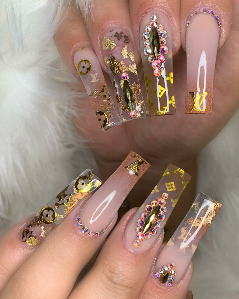 25 Latest Louis Vuitton Nails To Try In 2024 17 Clear Acrylic Ombré Nails with Louis Vuitton