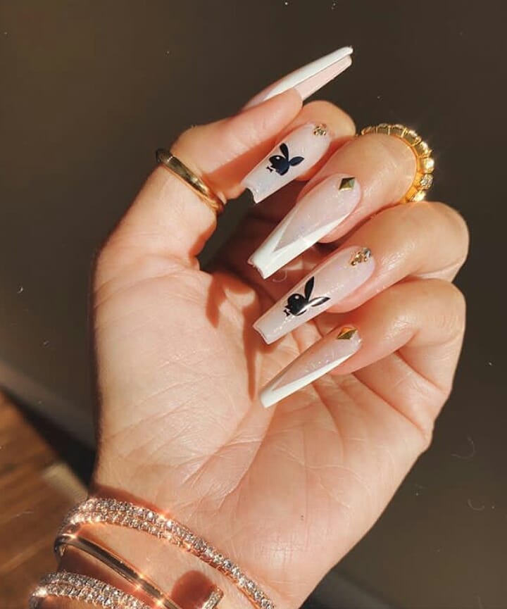 28 Stunning Playboy Nail Designs for 2024 26 Clear Coffin Playboy Nails