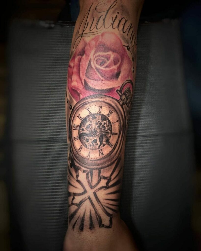 15+ Quarter Sleeve Tattoo Ideas You Have To See To Believe! 12 Clock With An Enticing Rose Tattoo