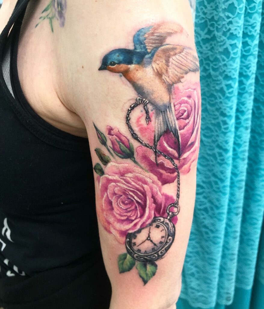 21+Clock Tattoo Ideas To Inspire You! 11 Clock With Bird Tattoo