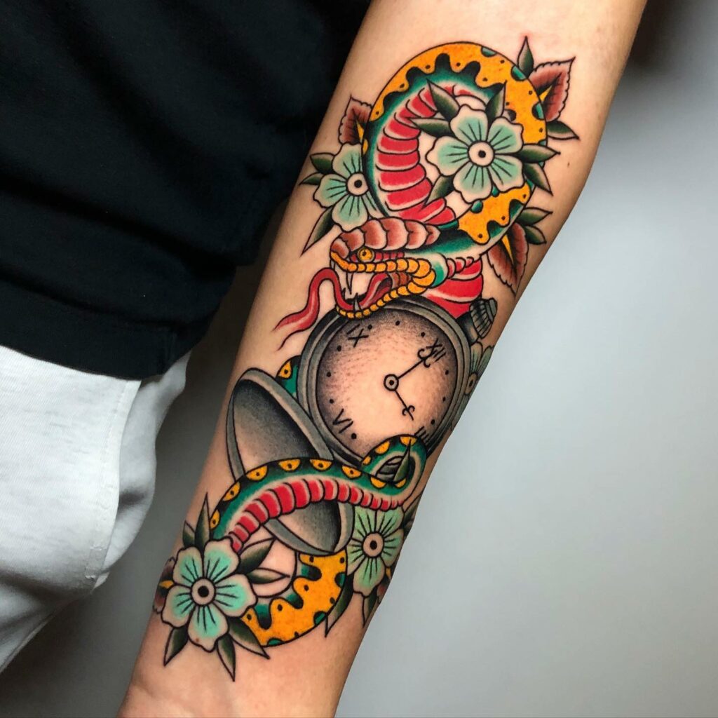 21+Clock Tattoo Ideas To Inspire You! 27 Clock With Snake Tattoo