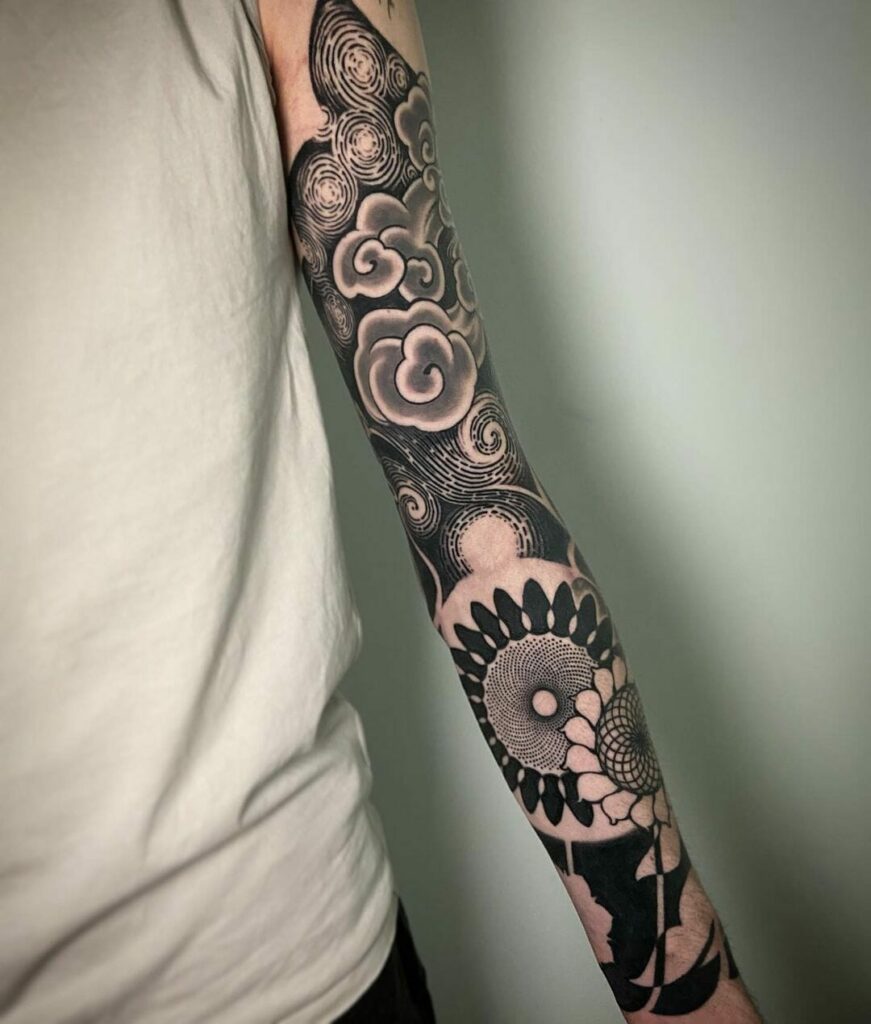 11+ Background Tattoo Shading Ideas To Inspire You! 17 Cloud Sleeve Tattoo With Basic Black