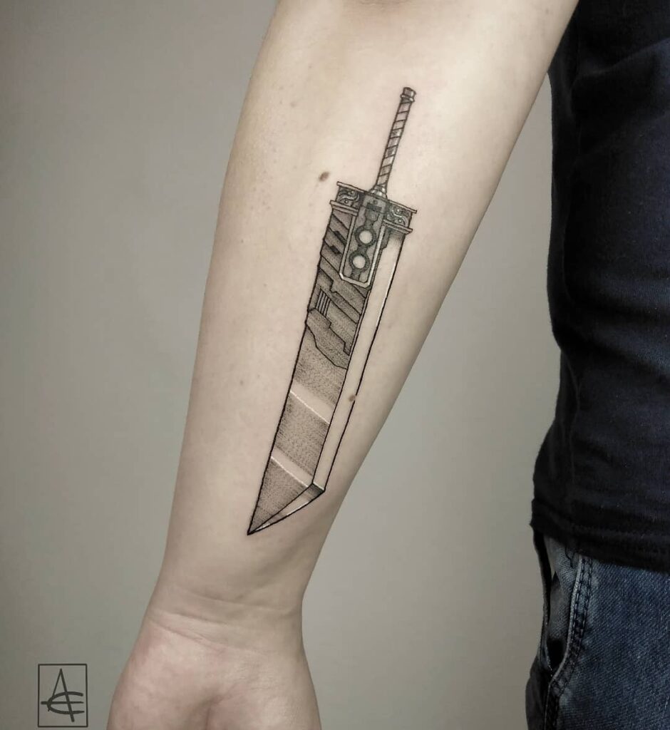 12+ Buster Sword Tattoo Ideas To Inspire You! 12 Clouds Buster Sword Tattoo In Fine Line