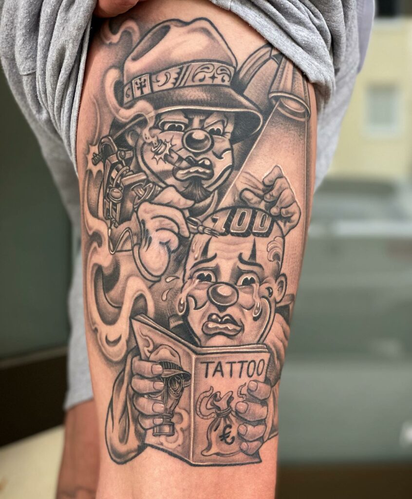 10+ Chicano Tattoo Lettering Ideas That Will Blow Your Mind 13 Clown Tattoo in Grey and Black
