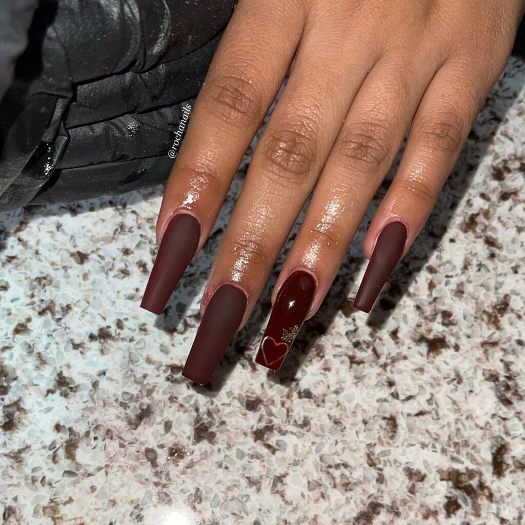 27 Latest Maroon Nail Designs To Try In 2024! 33 Coffin Maroon Nails with Heart Accents