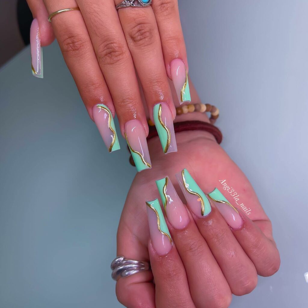 30 Latest Mint Green Nail Ideas To Try Today! 24 Sleek Coffin Mint Green Nails with Gold Swirl
