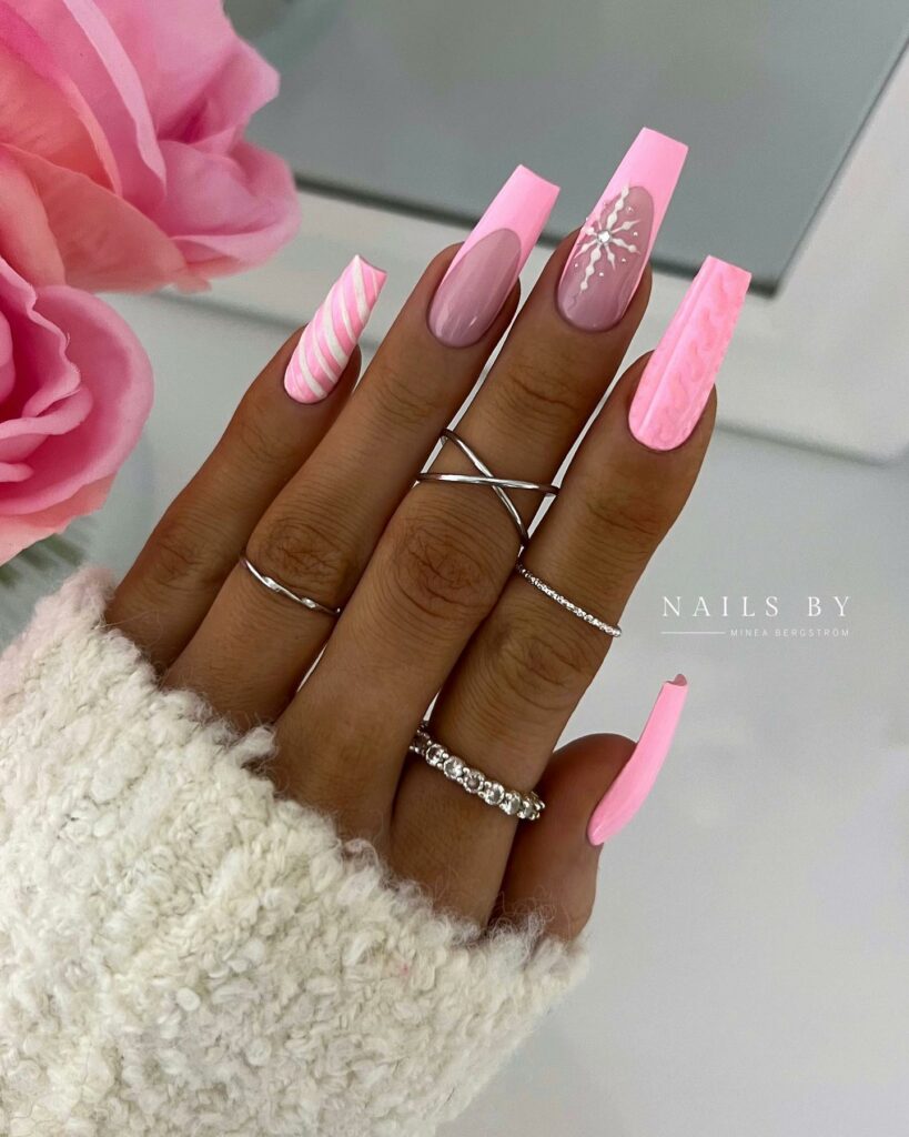 Celebrate with 30 Christmas Coffin Nail Ideas in 2024 11 Coffin Pink Christmas Nails
