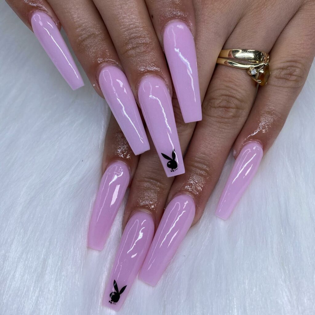 28 Stunning Playboy Nail Designs for 2024 11 Coffin-Shaped Pink Elegance with Playboy Nails
