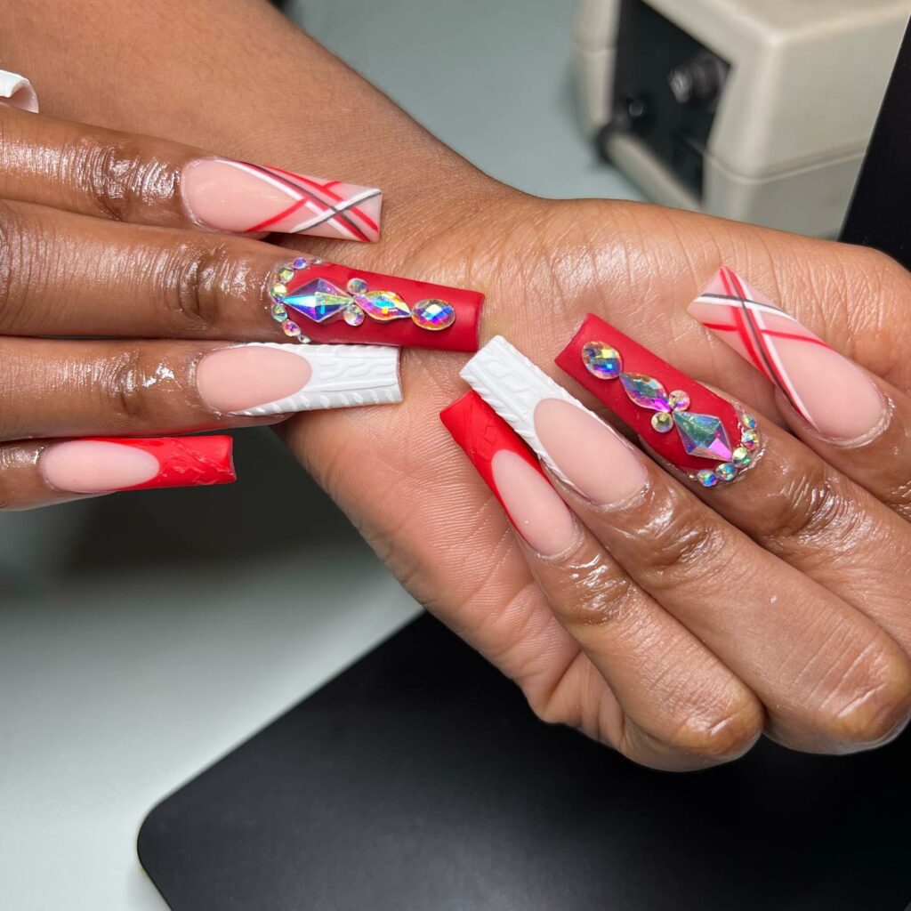 Sport 35 Festive Red Christmas Nails in 2024 22 Sleek Coffin-Shaped Red Christmas Nails