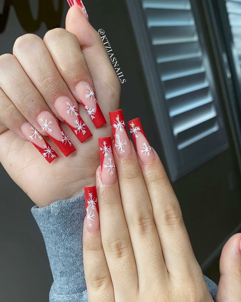 Celebrate with 30 Christmas Coffin Nail Ideas in 2024 39 Snowflake-Adorned Red Christmas Coffin Nails