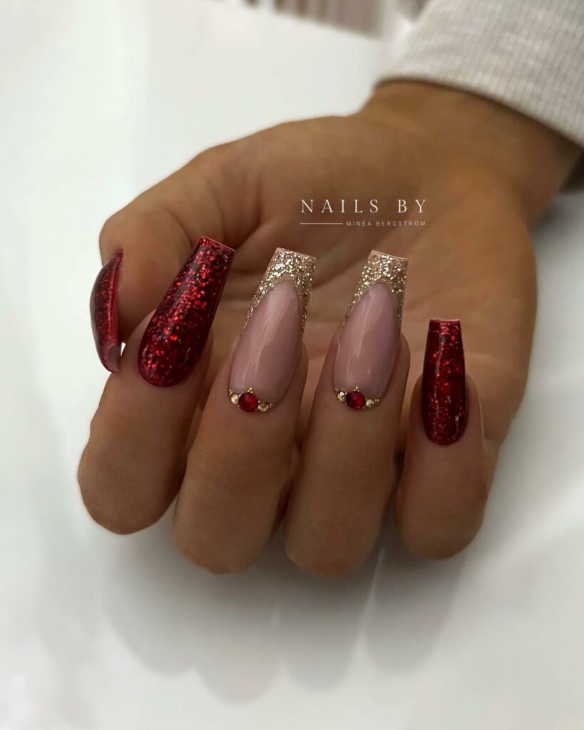 Shine Bright with 30 Red and Gold Christmas Nail Ideas in 2024 13 Coffin Red and Gold Christmas Nails