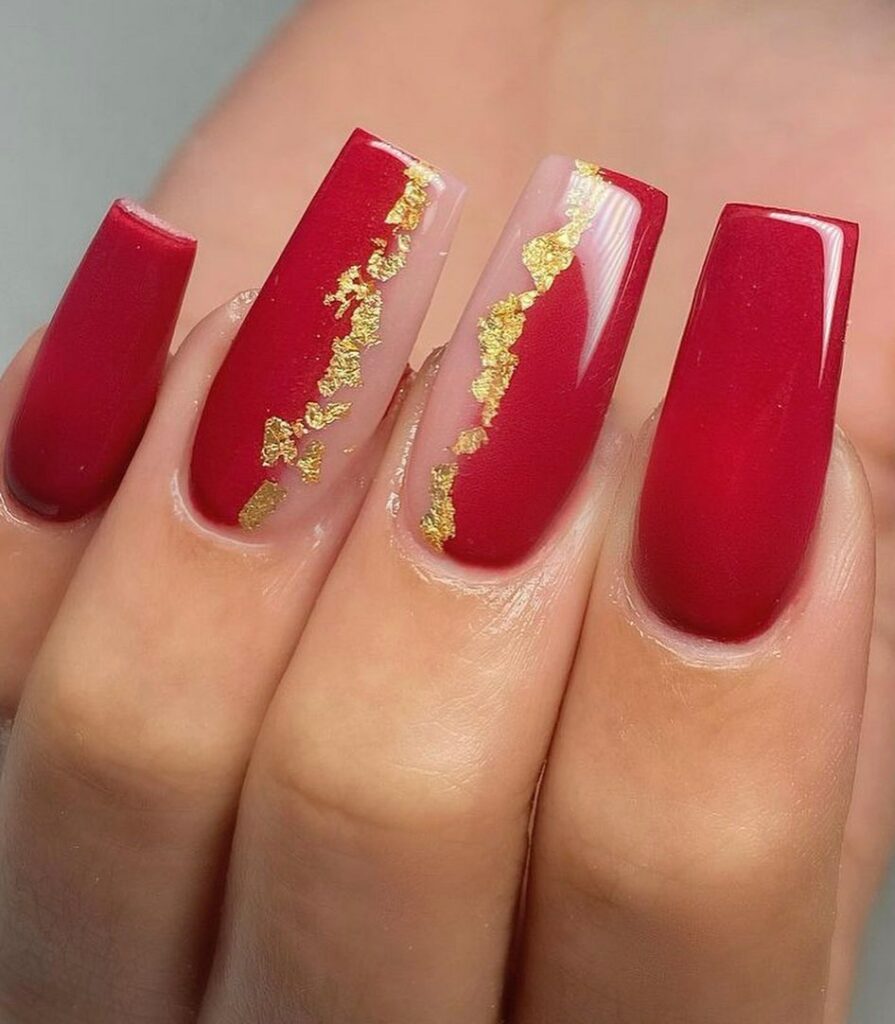34 Latest Red and Gold Nail Designs To Try In 2024! 12 Sleek Coffin Red and Gold Nails