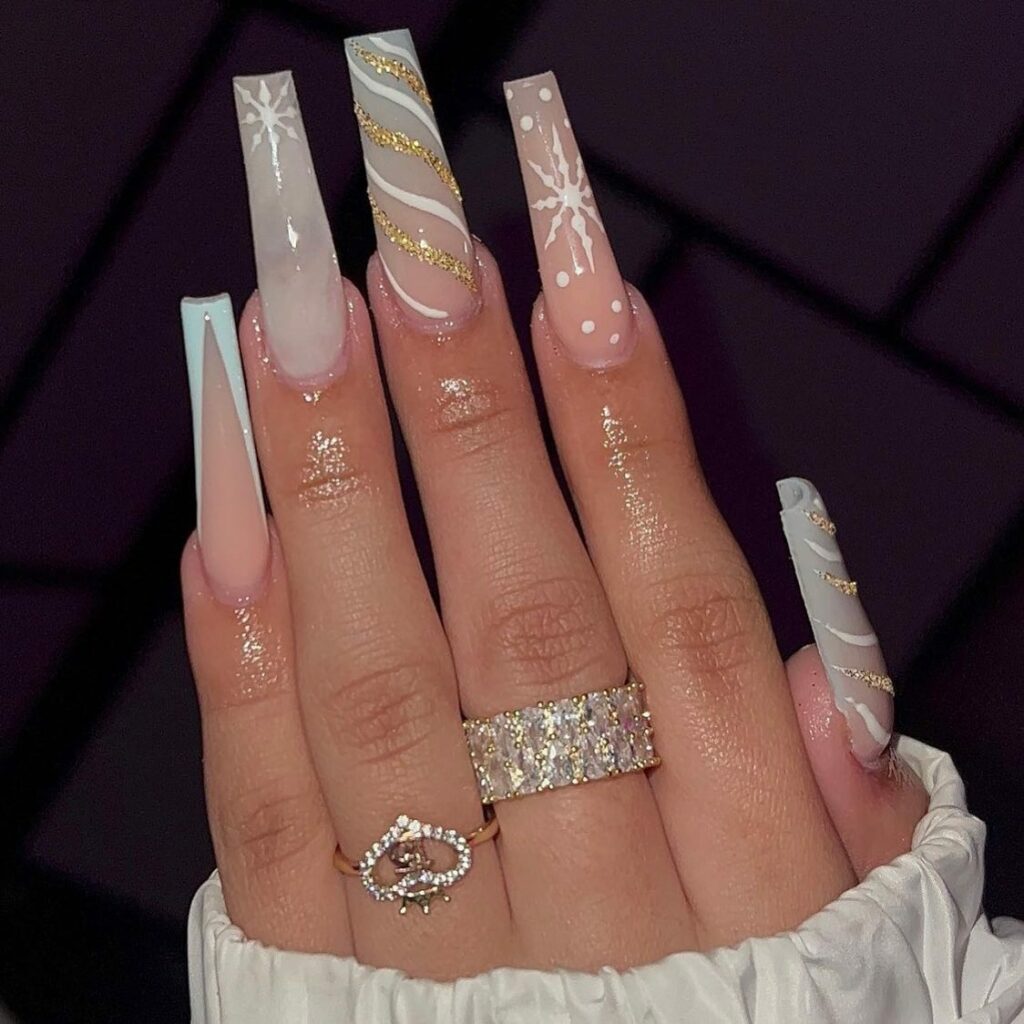 44 Latest Snowflake Nail Ideas To Try In 2024! 37 Sleek Coffin Shape Decorated with Snowflakes