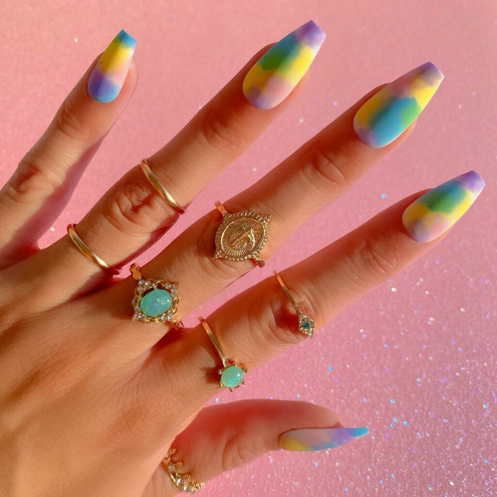 Get Artsy with 25 Tie-Dye Nail Designs in 2024 10 Bold Coffin-Shaped Tie-Dye Nails