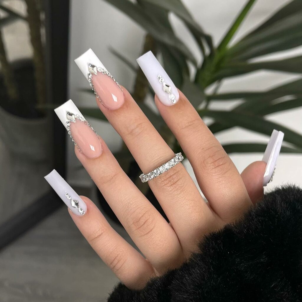 44 Latest White Nail Ideas To Try In 2024! 25 Coffin White Nails with Crystal Embellishments