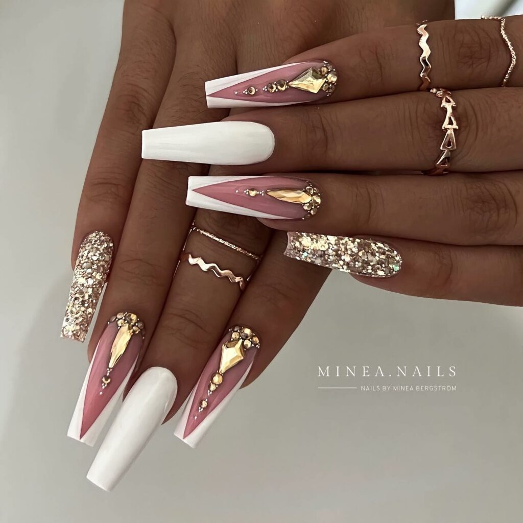 44 Latest White Nail Ideas To Try In 2024! 30 Coffin White Nails with Golden Embellishments