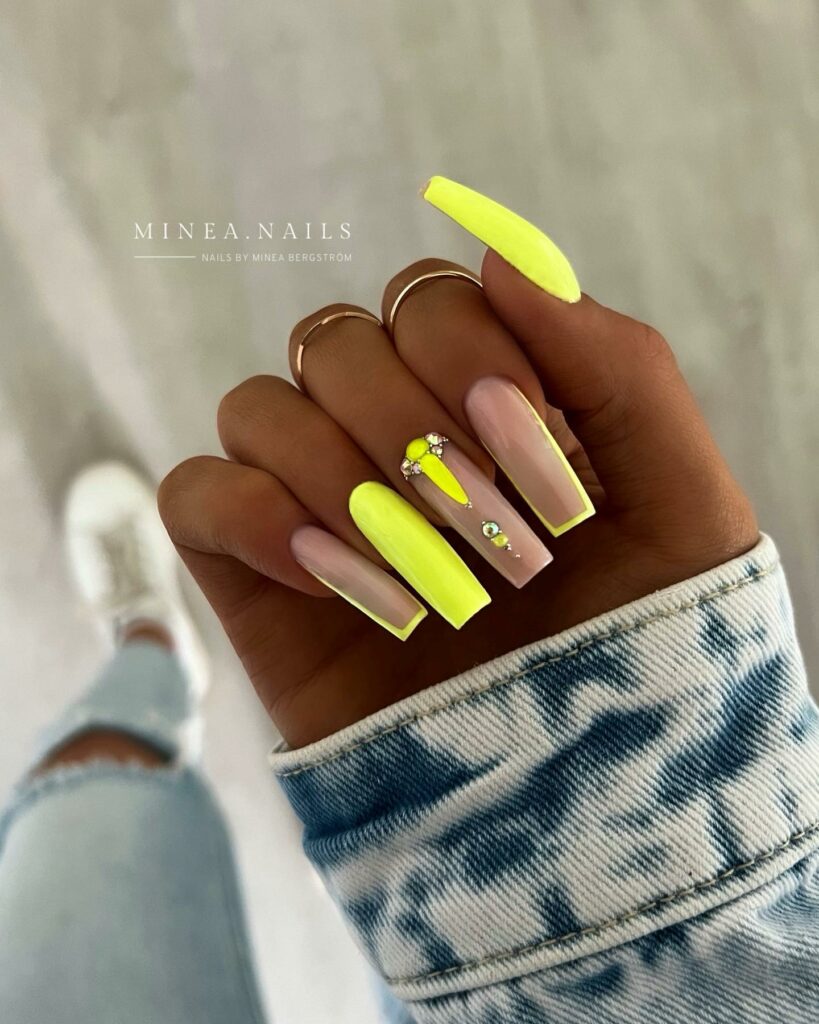 20 Latest Neon Yellow Nail Ideas To Try In 2024! 17 Coffin Yellow Nails With Gems