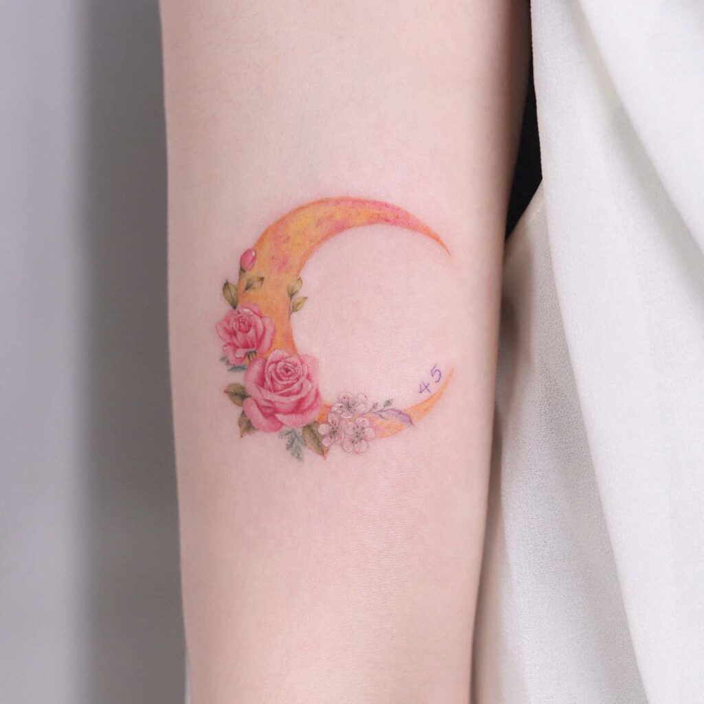 12+ Moon with Flowers Tattoo Ideas To Inspire You! 14 Colored Crescent Moon With Flowers Tattoo