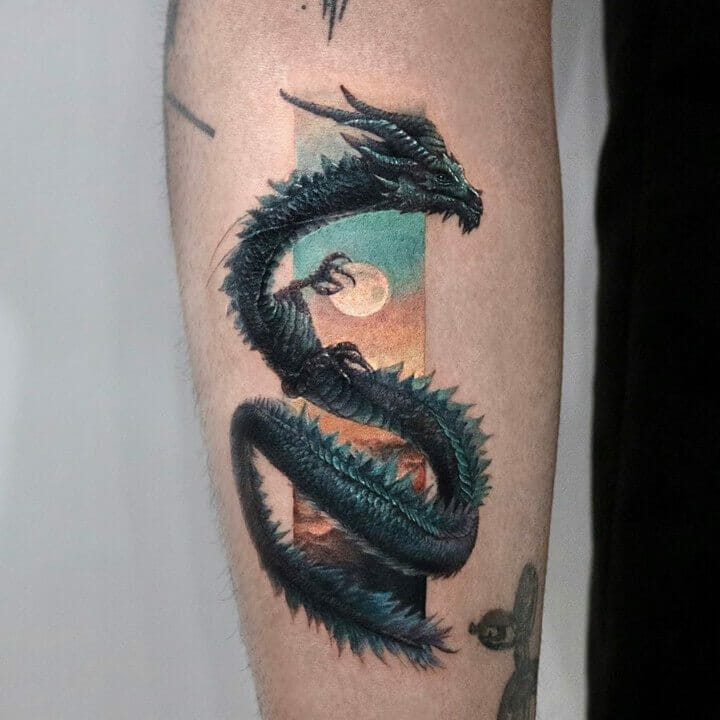 12+ Colored Dragon Tattoo Ideas To Inspire You! 12 Colored Dragon Tattoo And The Moon