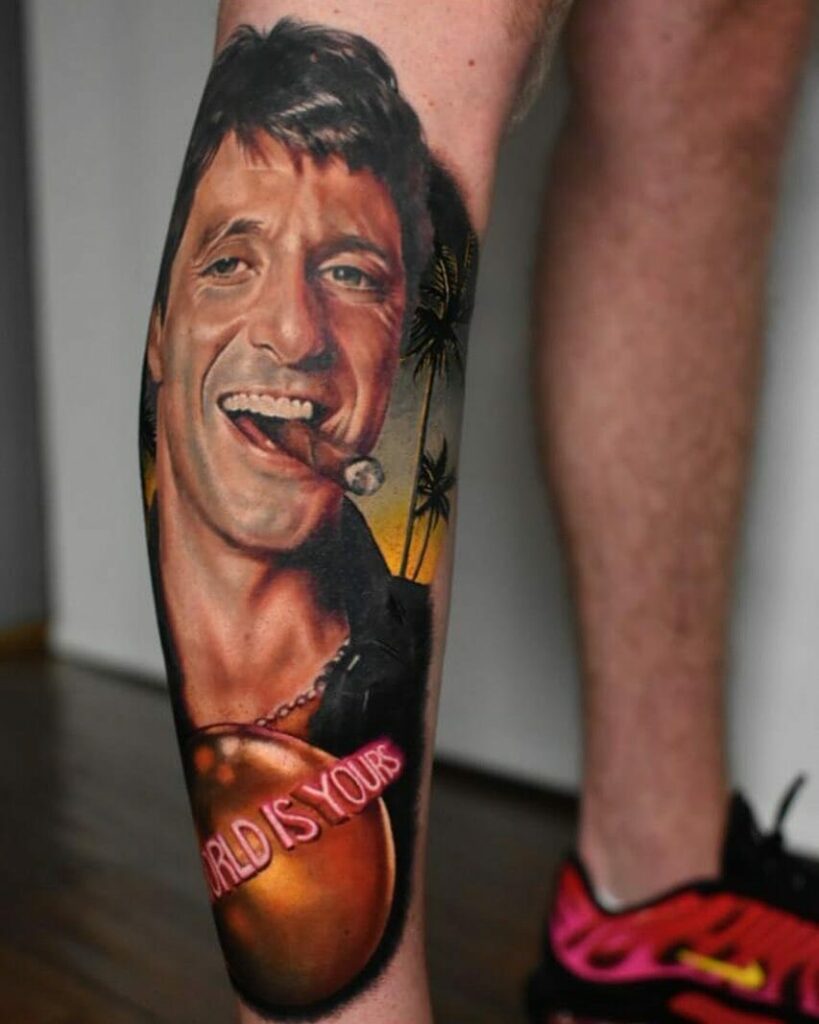 19+ Scarface The World Is Yours Tattoo Ideas That Will Blow Your Mind! 13 Colorful 3D Tony Montana Tattoo Design Ideas