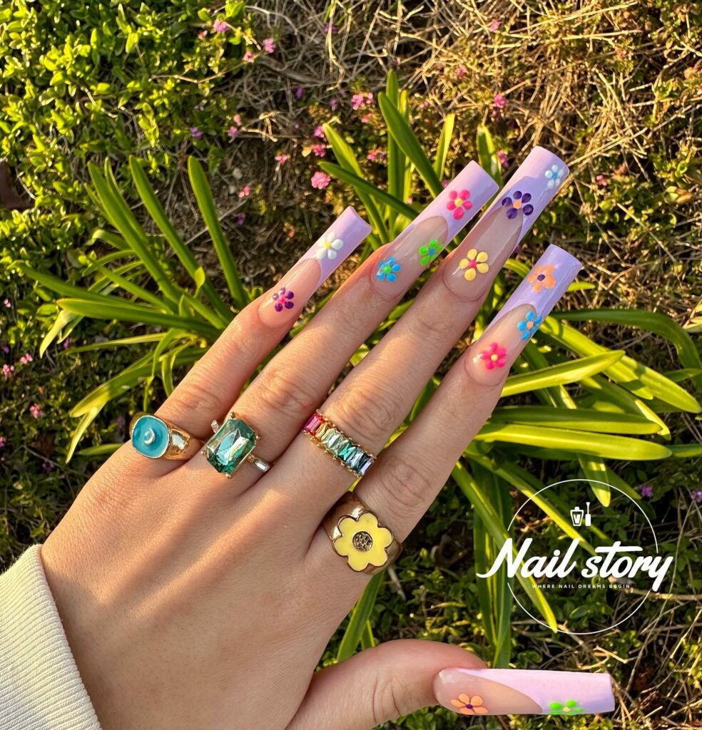29 Latest Long Square Acrylic Nail Designs To Try In 2024! 20 Vivid Floral Patterns on Square Acrylic Nails