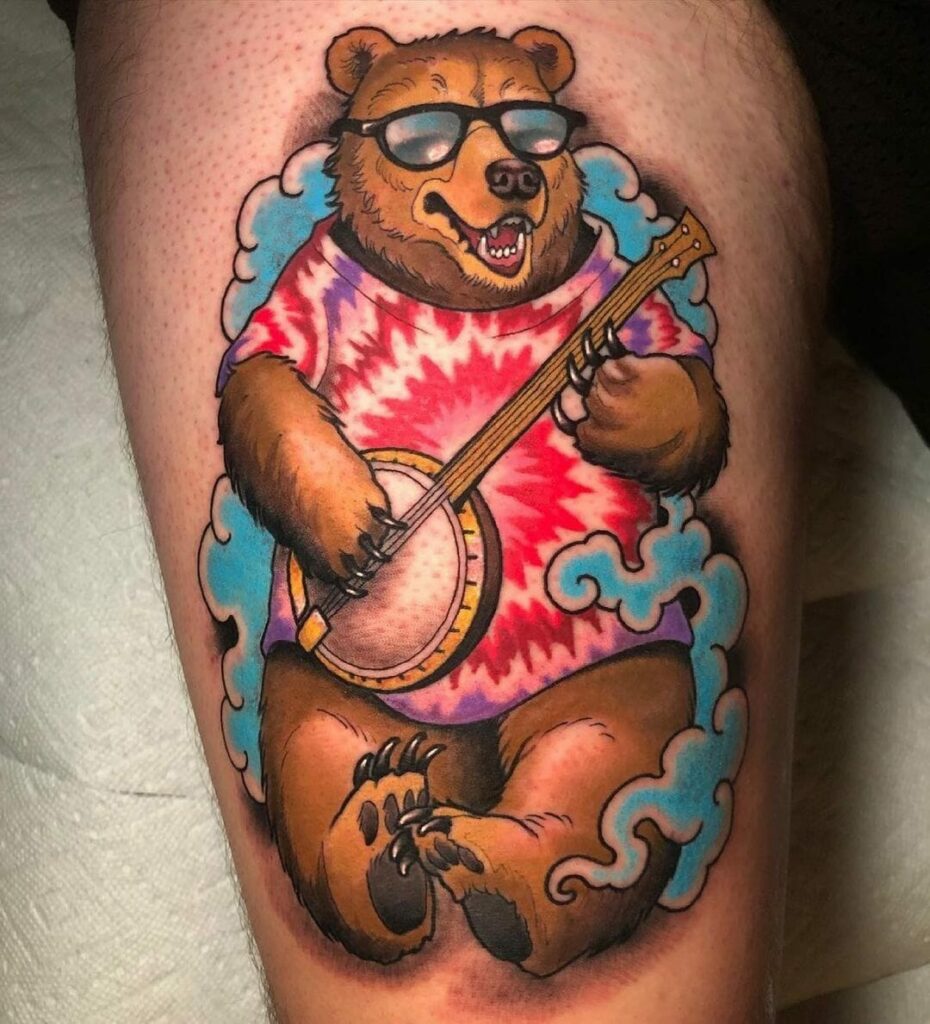 11+ Banjo Tattoo Ideas To Inspire You! 12 Colourful Banjo And Bear Tattoo
