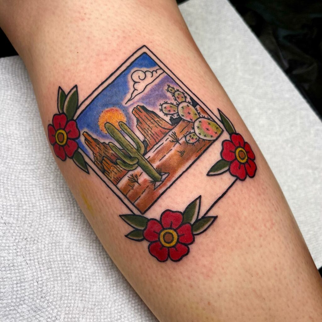 10+ Small Western Tattoo Ideas That Will Blow Your Mind! 19 Colourful Western Postcard Tattoo Design