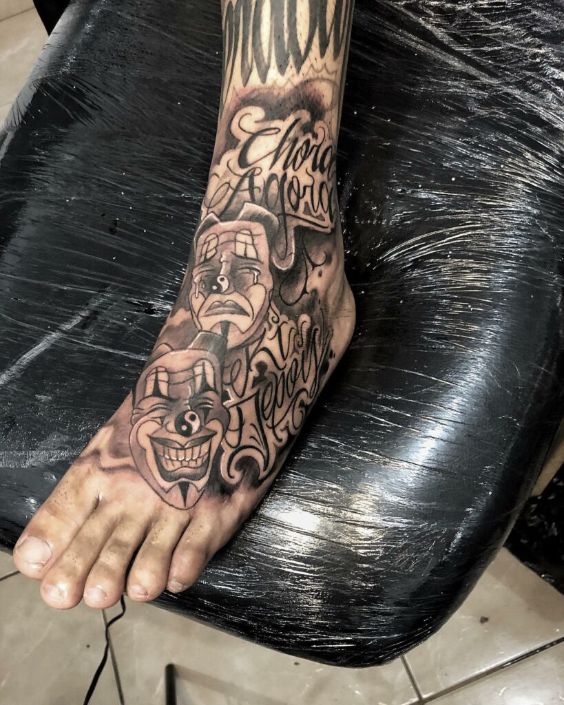 12+ Men Foot Tattoo Ideas That Will Blow Your Mind! 13 Contrasting Clown Mask Tattoos For Guys