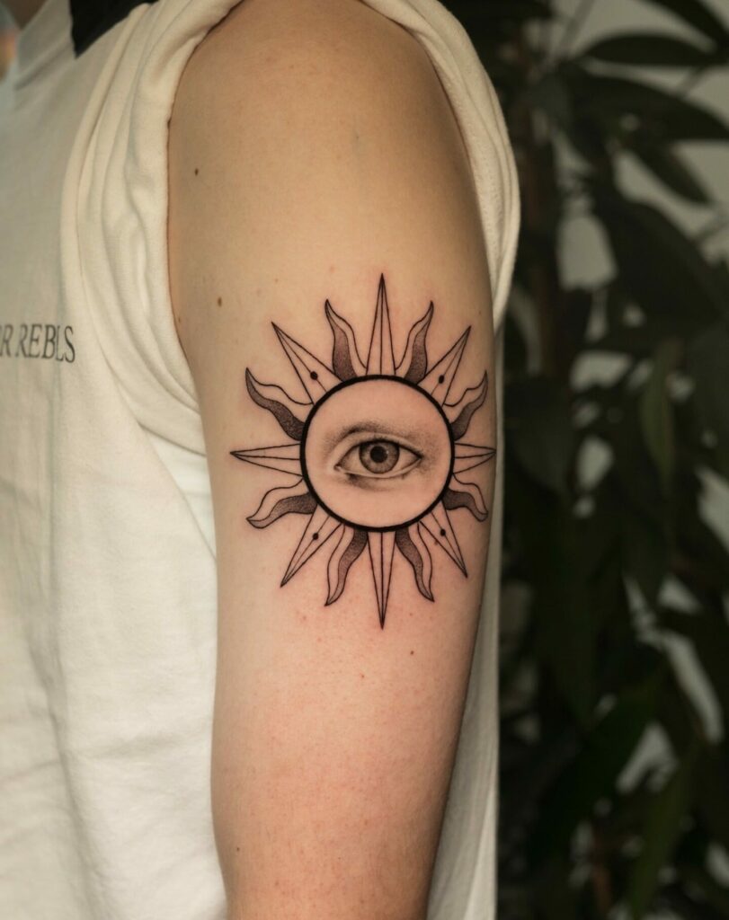 13+ Unique Small Sun Tattoo Ideas That Will Blow Your Mind! 14 Cosmic Eye Small Sun Tattoo