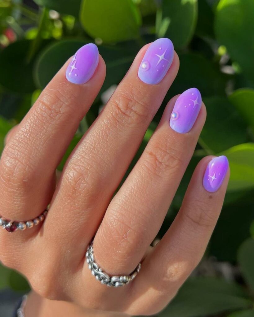 34 Latest Glossy Purple Nail Design Guides To Follow In 2024! 17 Cosmic Stars Light Purple nails