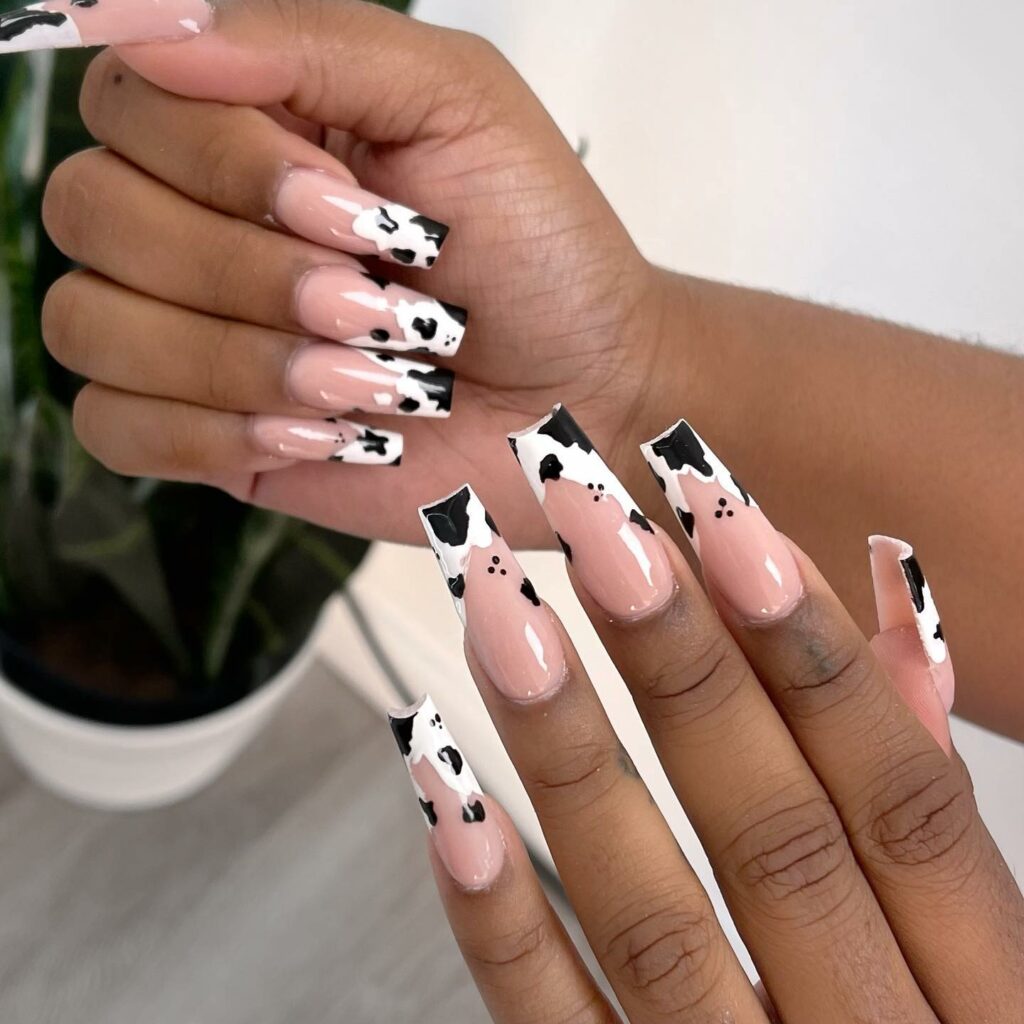 30 Latest Long French Tip Nail Ideas To Try In 2024! 62 Cow Print Inspired French Long Nails
