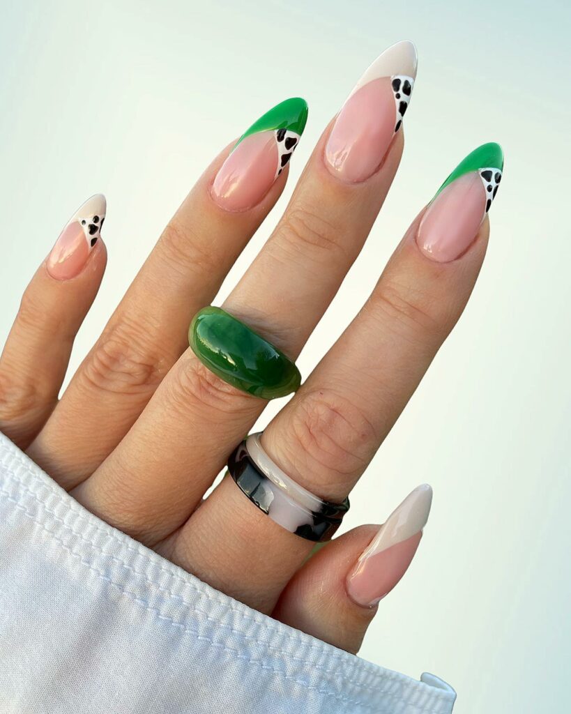 Try 30 Green French Tip Nail Designs of 2024 39 Cow Print Accents on Green French Nails