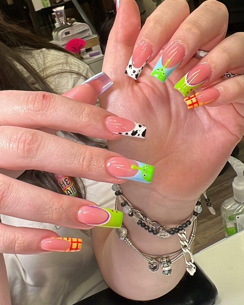Try in 2024: 50 Latest Neon Green Nail Designs 23 Cow Print neon green french nails