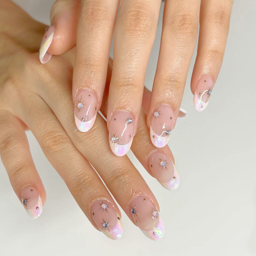 30 Latest Round Nail Designs To Try In 2024! 13 Creating Depth with Iridescent Lines on Round Nails