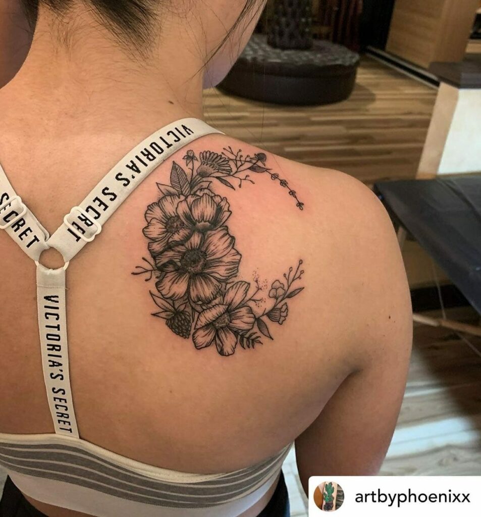 10+ Moon Flower Tattoo Ideas That Will Blow Your Mind! 12 Crescent Moon Shaped Wild Flower Tattoo