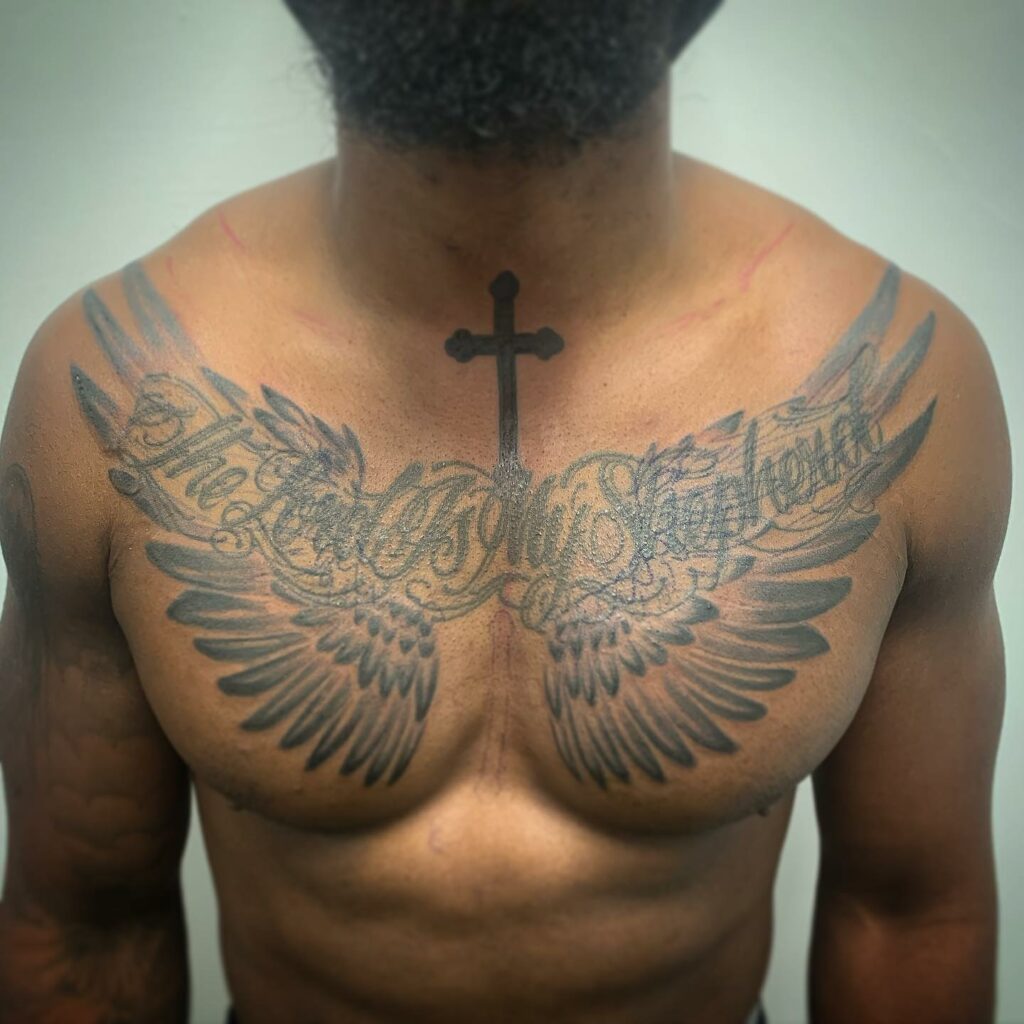 11+ Wings On Chest Tattoo Ideas That You Have To See To Believe! 17 Cross On Wings Tattoo For Chest