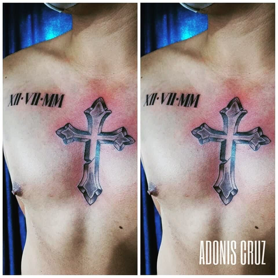 11+ Roman Numerals Chest Tattoo Ideas That Will Blow Your Mind! 20 Cross Roman Numeral Chest Tattoo