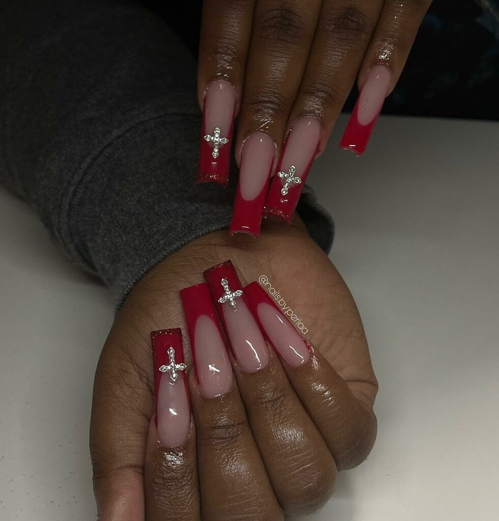 Explore 34 Red Acrylic Nail Designs To Try in 2024 17 Cross and Red Acrylic Nails