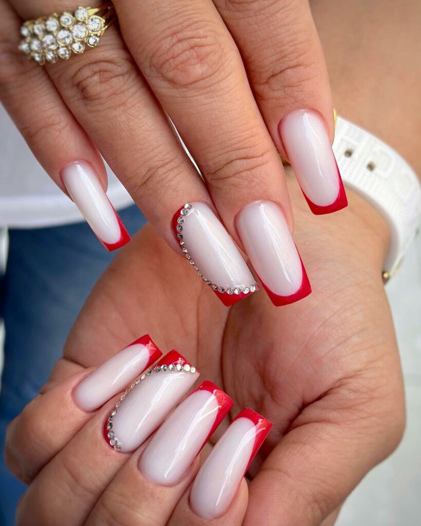 Explore 40 Red French Tip Nail Designs for 2024 38 Crystal red french nails