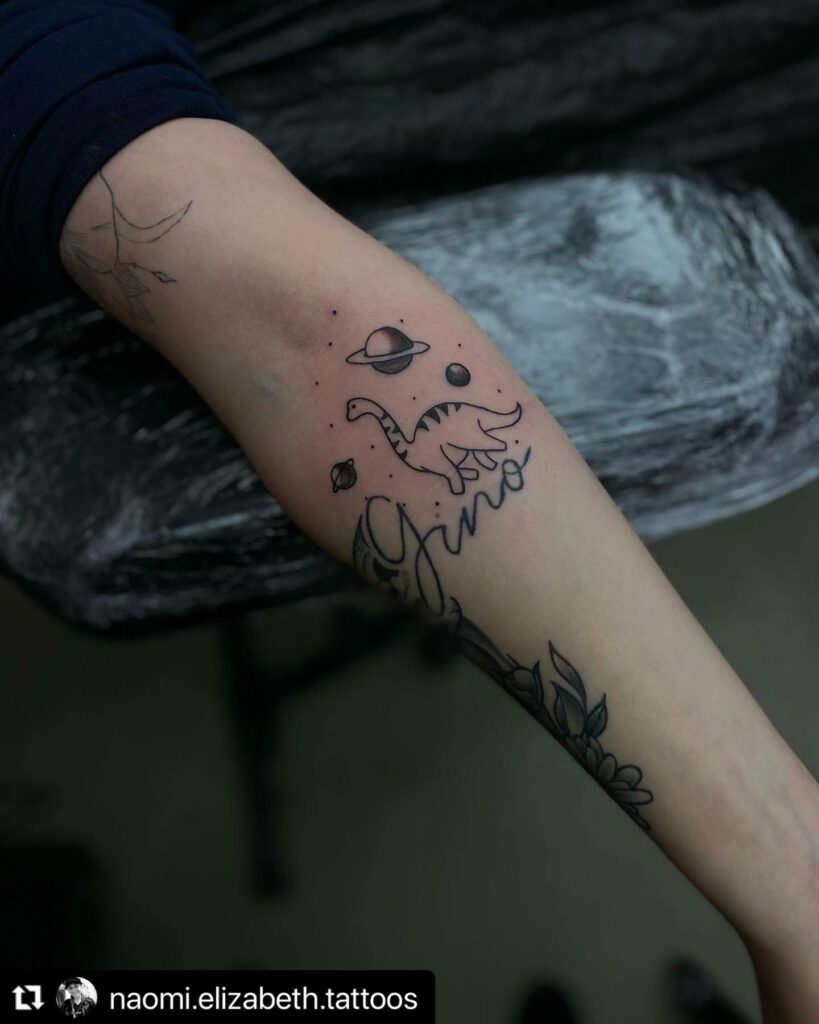 10+ Tiny Dinosaur Tattoo Ideas That Will Blow Your Mind 11 Cute Dinosaur Tattoo With Planets