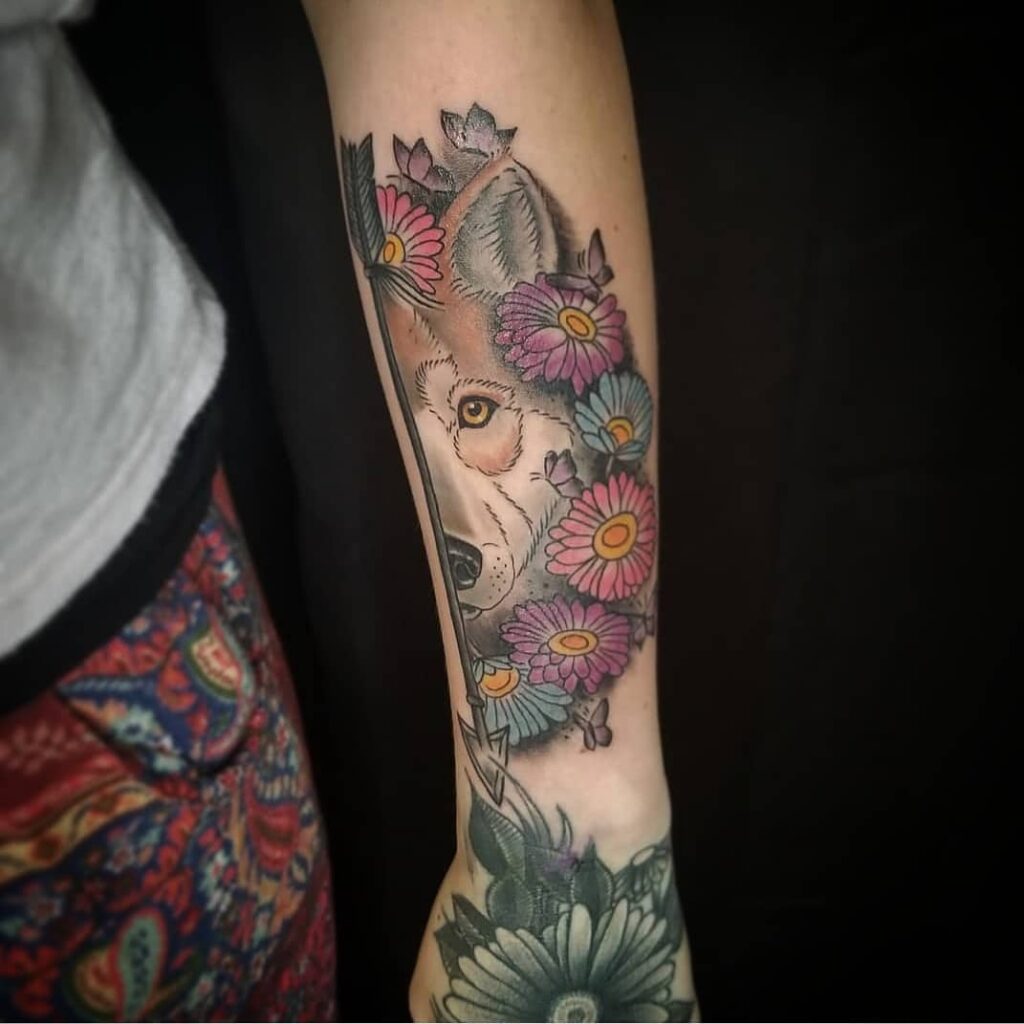 12+ Wolf Face Tattoo Ideas To Inspire You! 12 Cute Floral Wolf Head Tattoo Design
