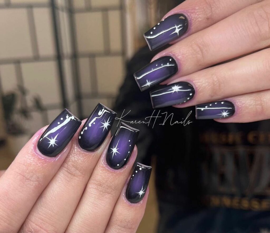 Mesmerizing Galaxy Nail Designs to Try in 2024 π 25 Dark Purple Nails with White Stars