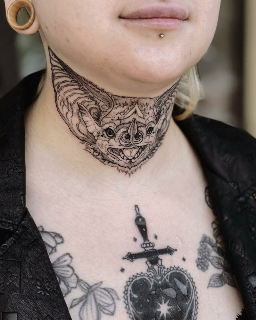 12+ Neck Sleeve Tattoo Ideas To Inspire You! 14 Dark Theme Bat Full Neck Tattoo For Women