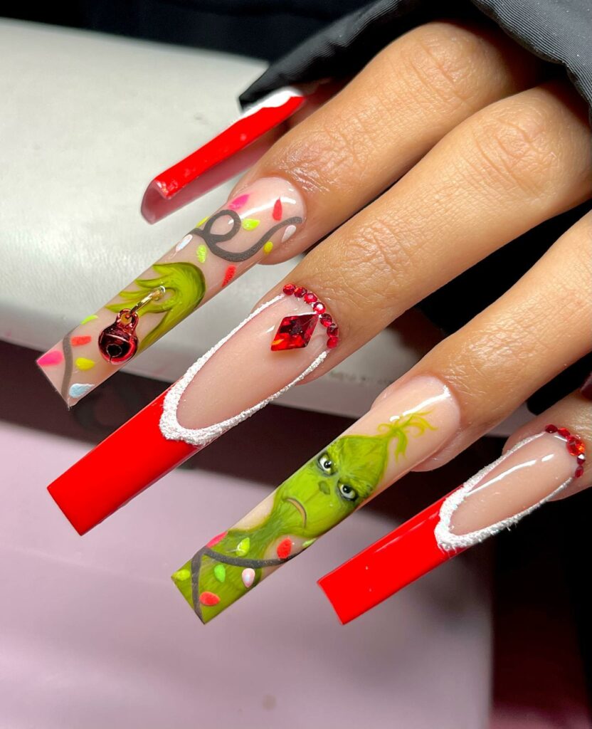 Embrace the Holiday Spirit in 2024 20 Dazzling Holiday Acrylic Grinch Nails